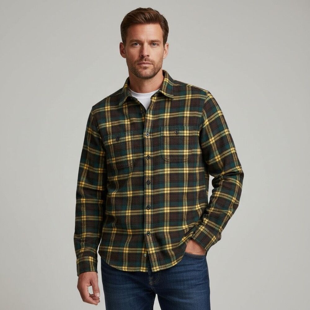 J. Crew Brown Green Yellow Plaid Slim Fit Flannel Shirt Men’s Medium - Picture 1 of 5